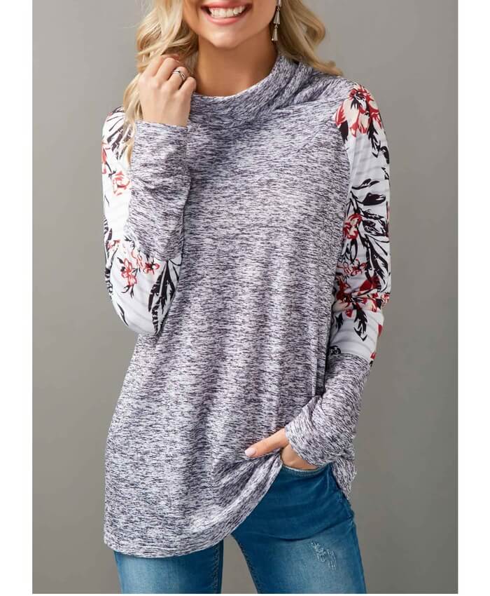 Patchwork Cowl Neck Flower Print T Shirt